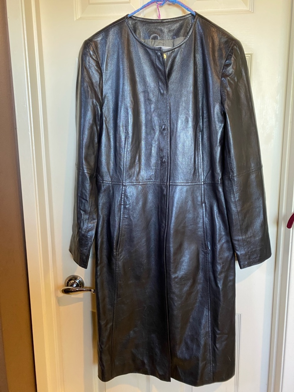 Anne Klein Black Longline Leather Coat with Snap Front